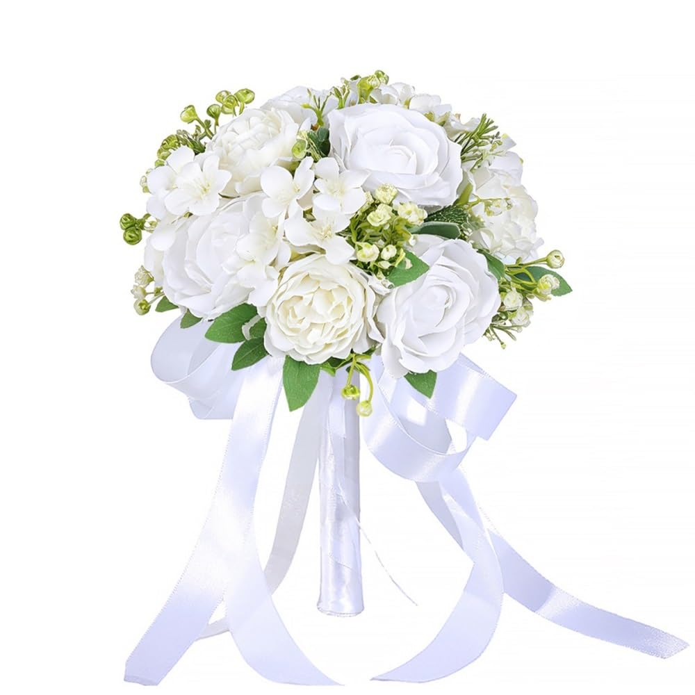 Huffa Aquagreenandwhite Artificial Lisianthus Bouquet For Wedding - Elegant Fake Rose Bouquet For Bride And Bridesmaid(Aquagreenandwhite)