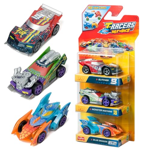 T-RACERS Mix ´N Race 3 Pack – Pack de 3 coches coleccionables. Coches desmontables por dos partes y con piezas intercambiables. Pack 3/8