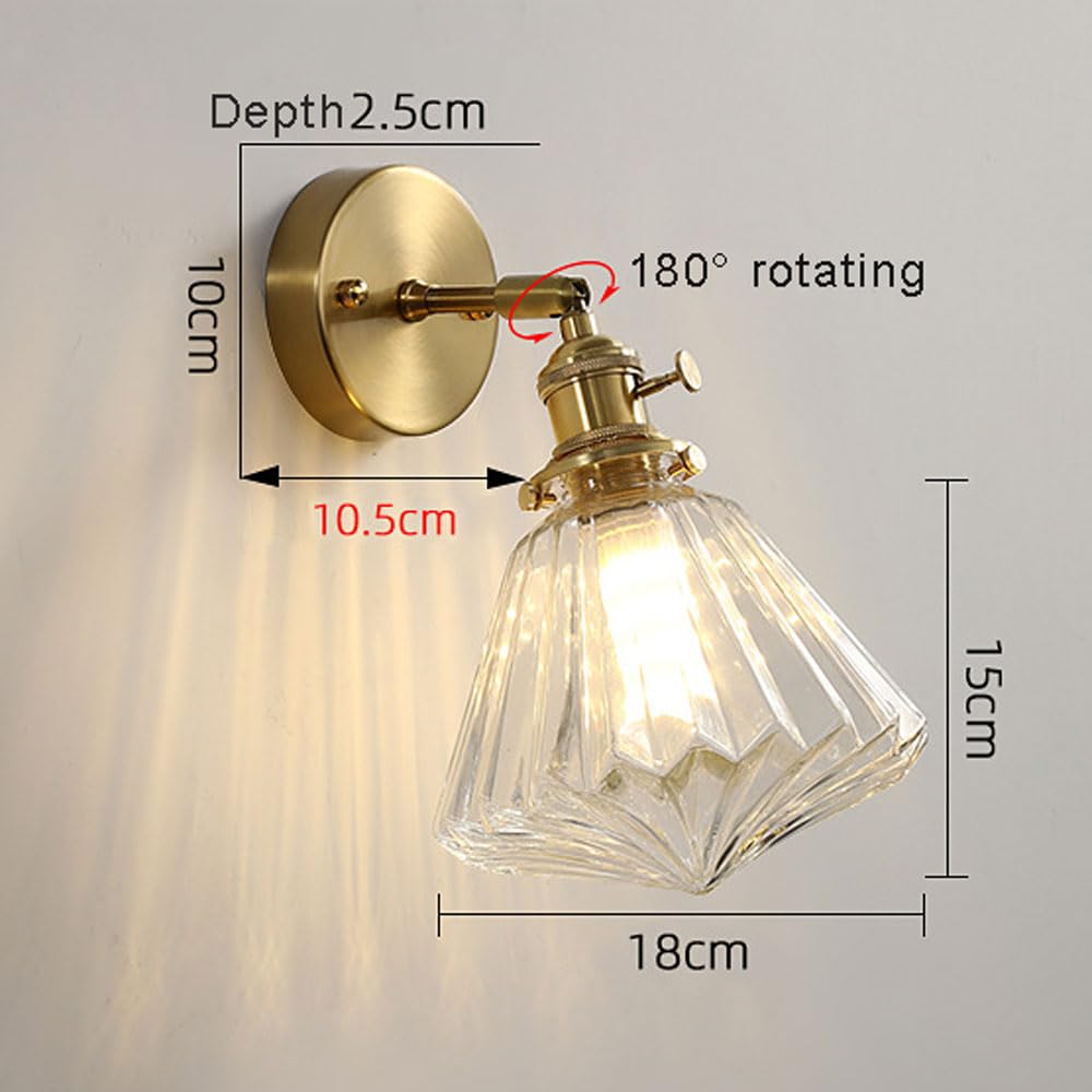 XANAYXWJ Aplique de Pared de Vidrio Transparente Retro Lámpara de Noche Ajustable con latón, luz de Rayas nórdicas E27 Iluminación de decoración del hogar de Oro Cepillado para la Sala de Estar del