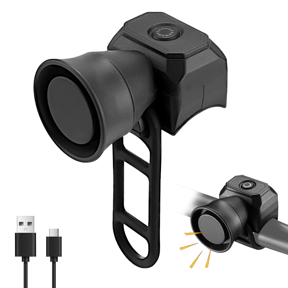 Rppiup Bike Horn, 120bd Electric Bicycle Bell with 5 Sound Modes, USB Rechargeable Bike Bell with Silicone Bandage, Ipx4 Waterproof Bike Bell Adult for Mountain Bikes, Racing Bikes, Kids Bikes