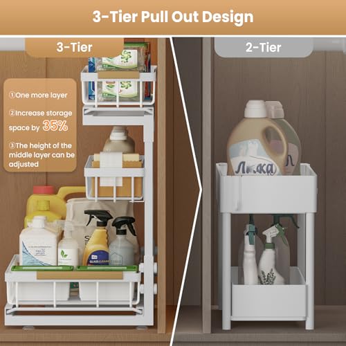 Image of Under Sink Organizer and Storage for Bathroom and Kitchen - 1 Pack 3 Tier | Cabinet Pull Out Shelf Organizers - Slide Out Drawer Organization for Home Cabinets Shelves and Drawers