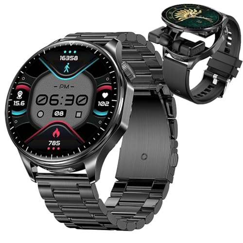 JUSUTEK 2025 革新 スマートウォッチ+TWSイヤホン 開閉式イヤホンボックスを隠す,1.43インチAMOLED腕時計 女性機能,万歩計 両耳イヤホン IP67防水 イヤホンBluetooth通話 リモコン撮影 音楽制御 消費カロリー 着信電話