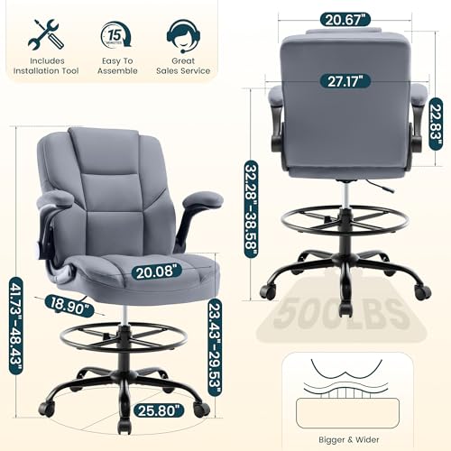 Image of Drafting Chair 500Lbs, Tall Office Chair for Standing Desk, High PU Leather Executive Office Chair with Flip-up Armrests, Ergonomic High Chair with Adjustable Foot Ring, Comfy Stool Chairs, Grey