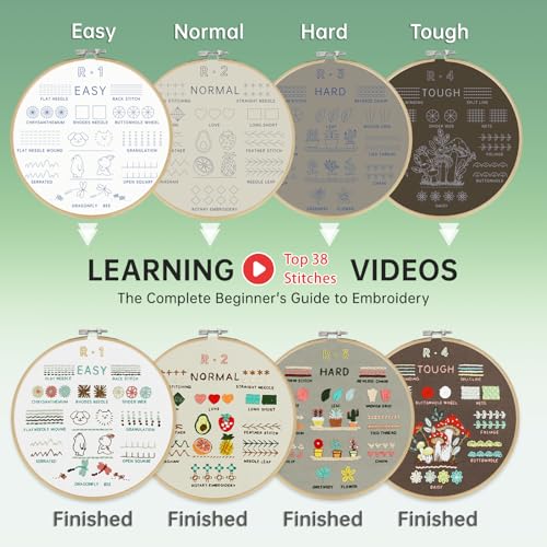 Image of CYANFOUR Embroidery Kit for Beginners, 4 Stages to Learn 38 Stitches, with Step-By-Step Instructions and Clear Videos, Includes Multiple Accessories, Gift for Craft Lovers