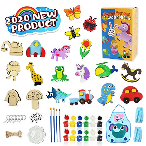 Wooden Craft Kit for Kids Ages 4 5 6 7 8 DIY 38 Pcs Wooden Painting Kit and Art Set for Kids Magnet Creativity Arts Crafts for Boys Girls Paint Your Own Wooden Craft Kit for Christmas Party Supplies