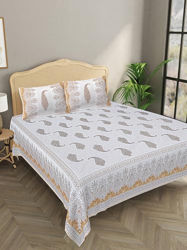 Image of LIVING ROOTS Jaipuri Hand Block Print Queen Cotton Bedsheet 86 * 96 Inches (7.1 * 8 Feet) with 2 Pillow Cover | 140 TC | Rich Fast Colour with No Colour Bleeding (205-A)