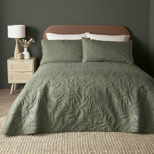 Serene - Funda de edredón con Estampado de Hojas Verdes Caqui - Tamaño de Cama Doble (200 x 200 cm) - Tacto Suave - Funda de edredón Bordada de Hojas/Hojas en Verde Caqui - Juego de Ropa de Cama de