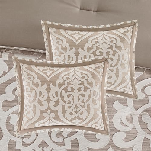 Image of Madison Park Odette Cozy Comforter Set Jacquard Damask Medallion Design - Modern All Season, Down Alternative Bedding, Shams, Decorative Pillows, Queen(90 in x 90 in), Tan 8 Piece