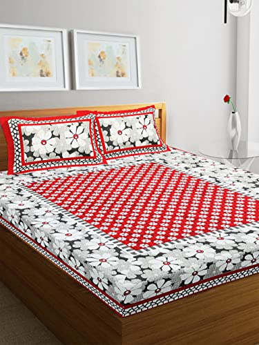 Image of RajasthaniKart Pure 100% Cotton 144Tc Double Bed Sheet with 2 Pillow Covers (Bedsheet for Double Bed Cotton, Maroon,Floral), 144 Tc