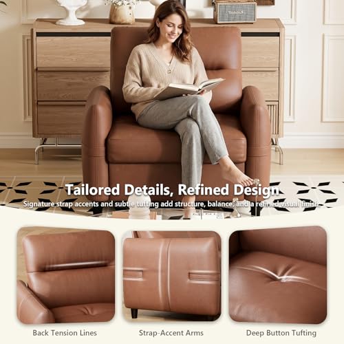 Image of Brown Leather Accent Chair, Oversized Deep Seat Armchair Living Room | STHOUYN Leather Reading Chair, Comfy Deep Seat Armchair with Mid-Century Style, Office Bedroom Apartment Waiting Room, Brown