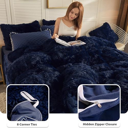 Image of LIFEREVO Luxury Plush Shaggy Duvet Cover Set, Soft Velvet Fluffy Furry Duvet Cover Set(1 Faux Fur Fuzzy Comforter Cover + 2 Pom Poms Pillowcases) Solid Bedding Set, Zipper Closure(Full /Queen, Navy)