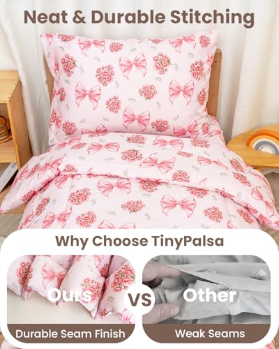 Image of TinyPalsa 4-Piece Toddler Bedding Set, Toddler Bed Comforter Set for Girls | Includes Comforter, Fitted Sheet, Flat Sheet & Pillowcase, , Pink Bow