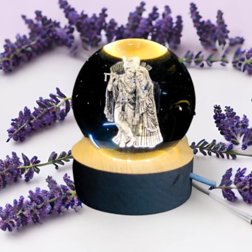 Image of 3D Radha Krishna Crystal Ball Night Light lamp, LED Illuminated Glass Globe with Wooden Base, Decorative Figurine with Etched Design for Home, Office, Birthday Gift, USB Powered