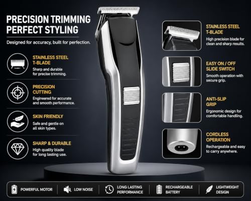 Image of HTC AT-538 Professional Rechargeable Hair Clipper Trimmer | Cordless Design, T-Blade Precision, For Men, Black & Silver
