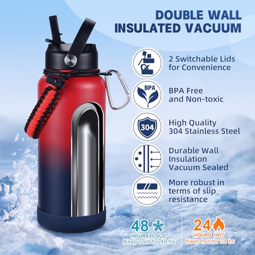 Image of Insulated Water Bottle, 32 oz Stainless Steel Wide Mouth Water Bottles with 2 Leak Proof Lid and Paracord Handle, Double Wall Vacuum Insulated Sports Water Bottle, Red Navy