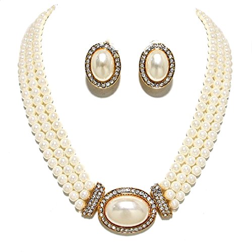 Collar de Perlas Christina de hilos crema con pendientes de clip para mujer