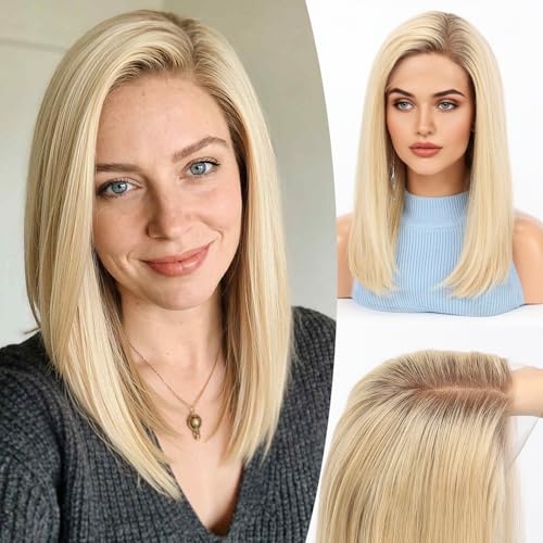 Image of KKU 100% Human Hair Wig, Lace Front Wigs Human Hair Side Part,Ombre Blonde Wig Human Hair, Real Human Hair Wigs for Women(16Inch)