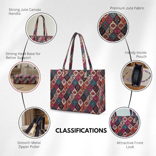 Image of Stylish Jute Tote Bag for Office & Laptop | Large Capacity Shoulder Handbag with Zip Pockets | Lightweight Waterproof Shopper Tote for Work, College, Shopping & Gift for Women