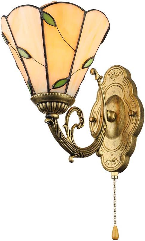 LITFAD Tiffany Style Leaf Wall Sconce Amber Glass Wall Lamp Single Light Wall Light Bedside Lamp with Pull Chain for Bedroom Staircase Hotel