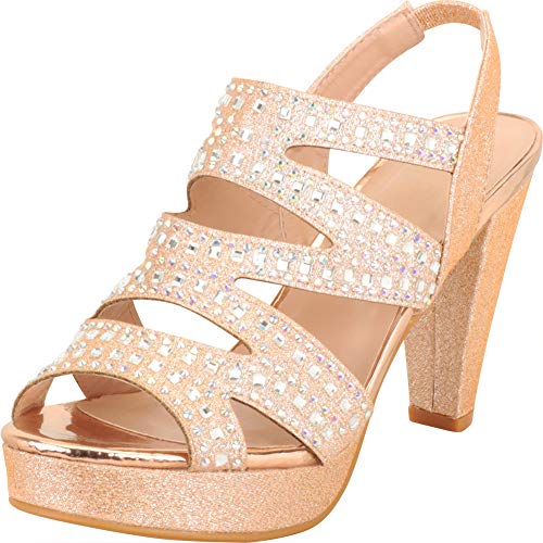 Cambridge Select Women's Open Toe Cutout Caged Crystal Rhinestone Slingback Chunky Platform High Heel Sandal, 10 B(M) US, Rose Gold Glitter