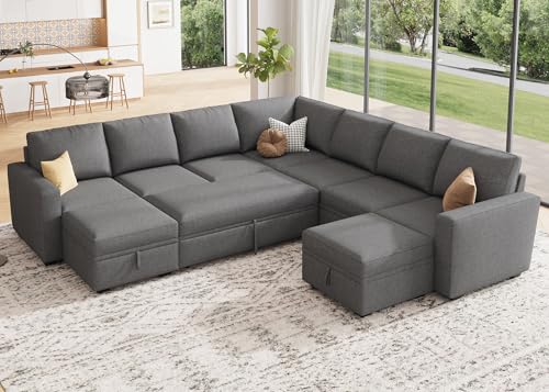 Image of HONBAY Modular Sectional Sleeper Sofa with Pull Out Couch, Oversized U Shaped Sleeper Pull Out Bed with Storage Sectional Couches for Living Room - Dark Grey