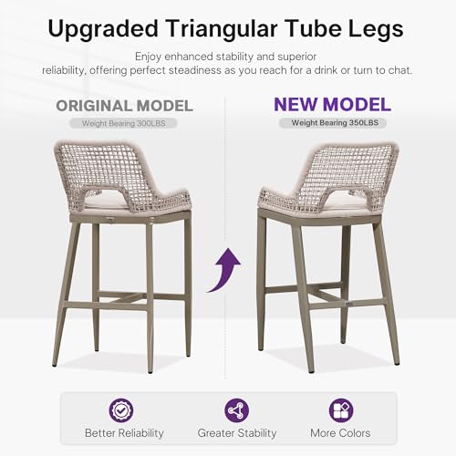 Image of PURPLE LEAF Bar Stools Set of 2 Bar Height Metal Bar Chairs with Back Modern Tall Comfy Wicker Woven Boho Garden Pool Patio Outdoor Barstools, Champagne