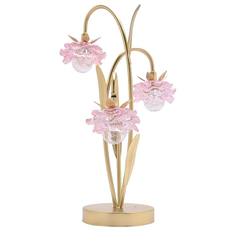 Britalia Gold Metal Pink Glass Flower Shade Triple Stem Table Lamp Led Battery Powered 35.5Cm Height
