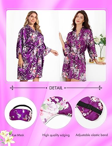 Eplaza Women Floral Satin Robe Bridal Dressing Gown Wedding Bride Bridesmaid Kimono Sleepwear (Deep Purple, Large-X-Large) #TOP4