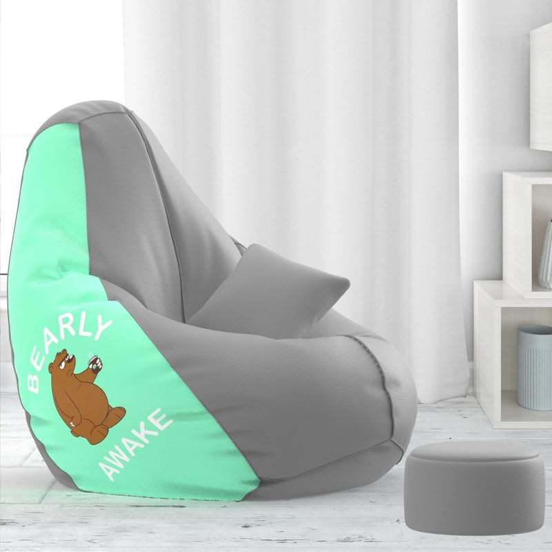 Image of Biggie Bean Faux Leather Bag with Beans Filled XXXL Bean Bag with Free Cushion Footrest - Official : Printpuff Combo (Matching Color : Printed, Bearly Awake - Light Grey Peach)