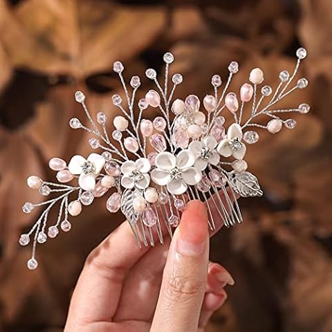 Edary Bride Wedding Hair Comb Silver Flower Headpiece Crystal Hair Clips Bridal Pink Pearl Hair Accessories for Women and Girls Cover