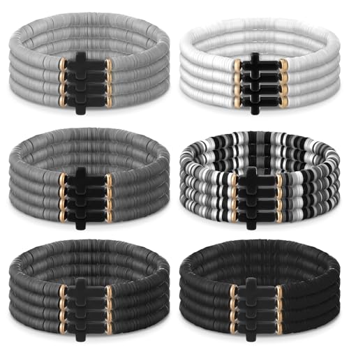 24 Pcs Cross Men's Heishi Surfer Bracelet Cross Beads Polymer Clay Bracelet Stackable Christian Religious Gifts