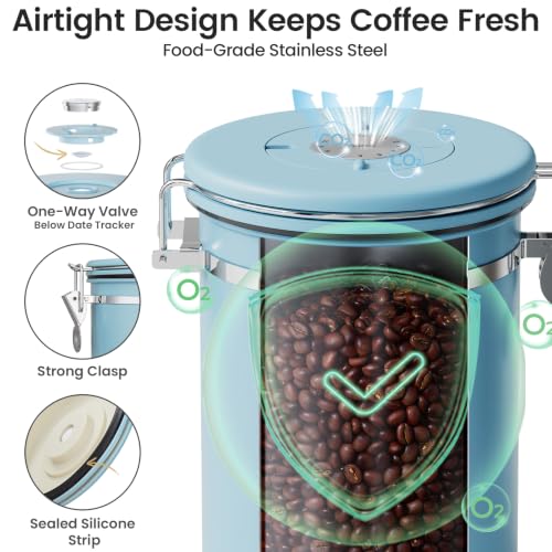 Image of Veken Coffee Canister with Window, Airtight Stainless Steel Container, 22OZ | Date Tracker,Kitchen Food Storage Organizers for Beans, Ground, Espresso, Rice,Tea, Sugar,Cereal, Gifts,Lids,Jars,Scoop, Blue
