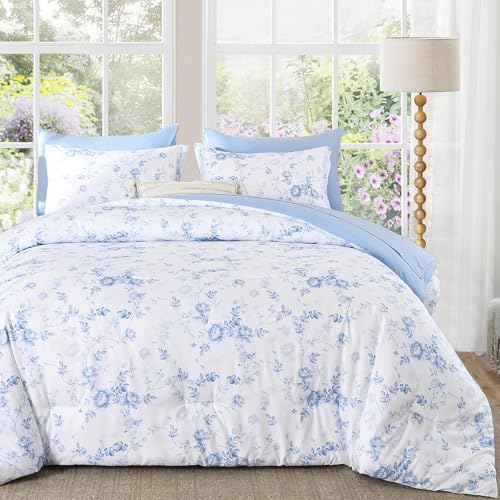Luxudecor Floral Queen Comforter Set 7 Pieces Bed in a Bag, Blue Rose Romantic Flower Bed Set, Soft Reversible Comforter with Sheet Set 90