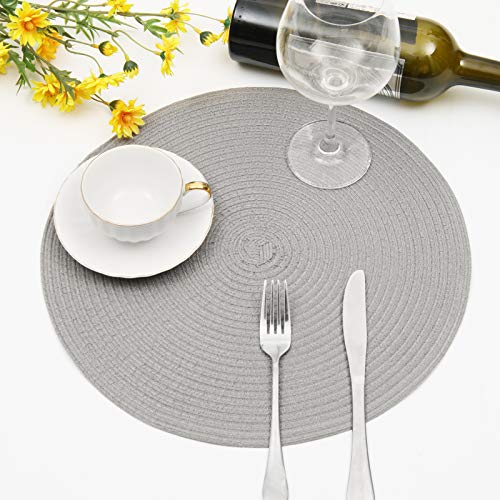 Image of SHACOS Round Braided Placemats Set of 6 Thick Fabric Circle Grey Place Mats Woven Table Mats for Dining Tables 15 inch (Gray, 6)