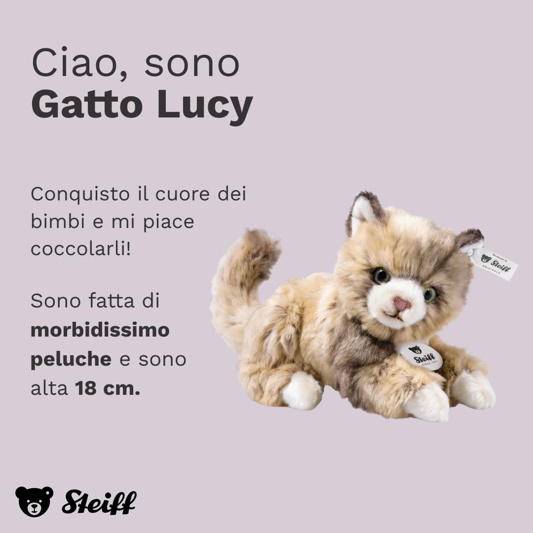 Steiff Peluche Gatto Lucy, dolce animale di stoffa con occhi in plastica per bambini e bambine, pupazzo di 18 cm, beige, 099663