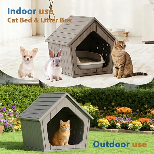 Image of Cat Litter Box Enclosure, Hidden Covered Litter Box Furniture with Air Holes, Resin Outdoor Cat House Weatherproof, Wide Opening Design for Easy Cleaning, Grey