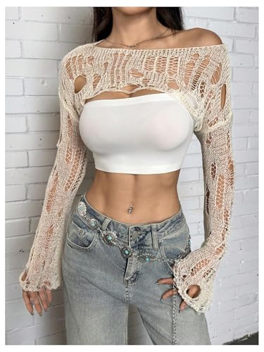 Image of BEAUDRM Women's Crochet Bolero Shrug Goth Grunge Outfits Bell Sleeve Sweater Bow Pullover Crop Top