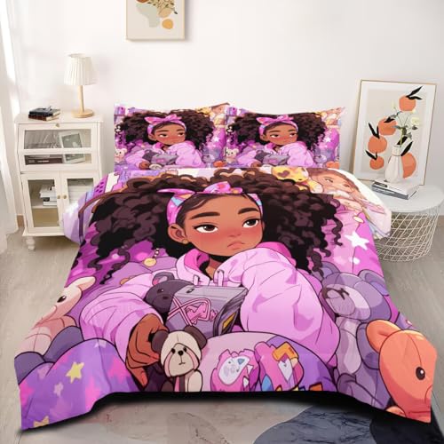 CCoutueChen Black Girl Magic Comforter Sets for Kids Girls Pink Cartoon Bedding Set King Size African American Black Girl Comforter Summer Lightweight Decor Bed Set, Black Pink
