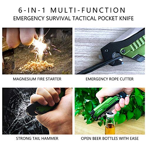 Image of ALBATROSS Best 6-in-1 Survival Tactical Military Folding Pocket Knives with LED Light,Seatbelt Cutter,Glass Breaker,Magnesium Fire Starter,Bottle Opener;Multi-Function Emergency Tool(Green-SA)