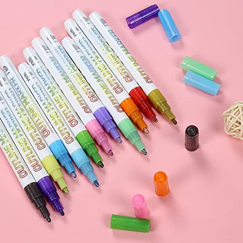 Outline Markers Set 12 Color Art Paint Markers Double Line Marker Super Squiggles Markers 2Mm Paint Permanent Glitter Markers For Coloring,Drawing,Greeting Card,Posters,Art And Craft Painting Supplies #TOP3