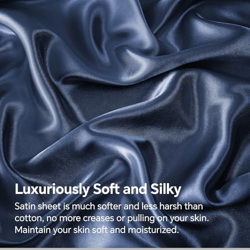 BEDELITE Satin Fitted Sheet and Pillowcase Set, Luxury Soft Similar to Silk Bottom Bed Sheet with Elastic Corner Straps, Deep Pocket up to 15 Inch, 1 Fitted Sheet and 1 Pillowcase(Twin XL, Navy)