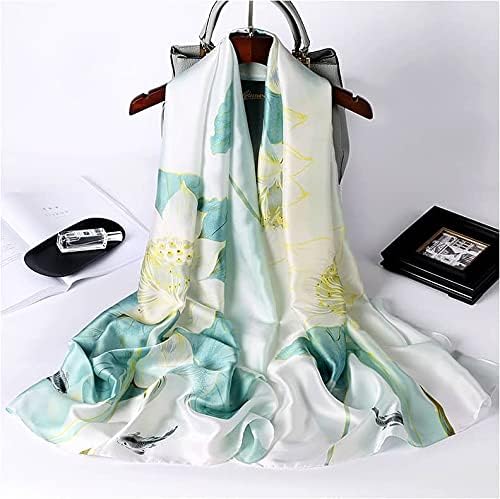 Image of Premium Silk Stole for Women | Lightweight Printed Silk Scarf & Hijab | Elegant Party (72 x 36 Inch) (Green Leaf with Dolphin)