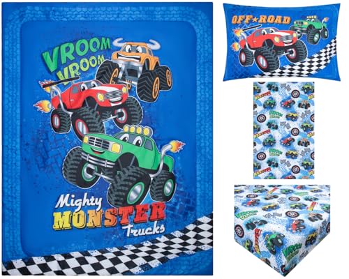 Image of Todays Kids Monster Trucks Toddler Bedding Set for Boys - 4-Piece Toddler Bed Comforter Sets for Boys, Reversible Comforter & Pillowcase, Flat Sheet, Fitted Sheet, Breathable & Super Soft Microfiber
