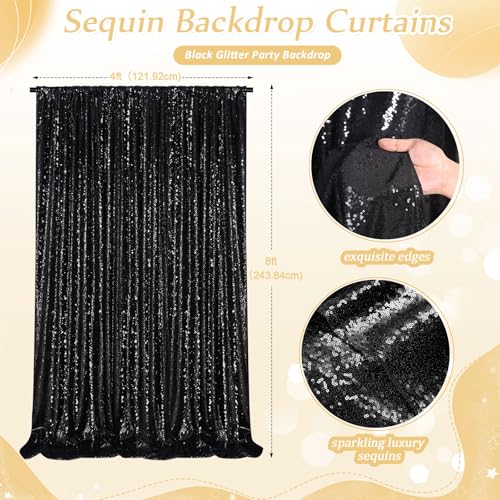 Image of Black Sequin Backdrop Curtains,2 Panels 4FTx8FT Black Curtain Backdrop Glitter Party Decorations Background Drapes for Wedding Birthday Anniversary Graduation Photo Booth Decor