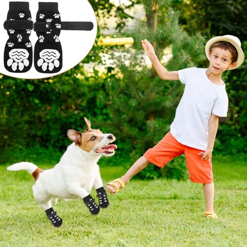 4 Stücke Indoor Anti-Rutsch Socken für Hunde, Anti Rutsch Pfotenschutz Hundesocken Outdoor Indoor Anti-Rutsch Socken für Kleiner Hund Weicher Verstellbarer Pfotenschutz mit Klettverschluss Schwarz (S)