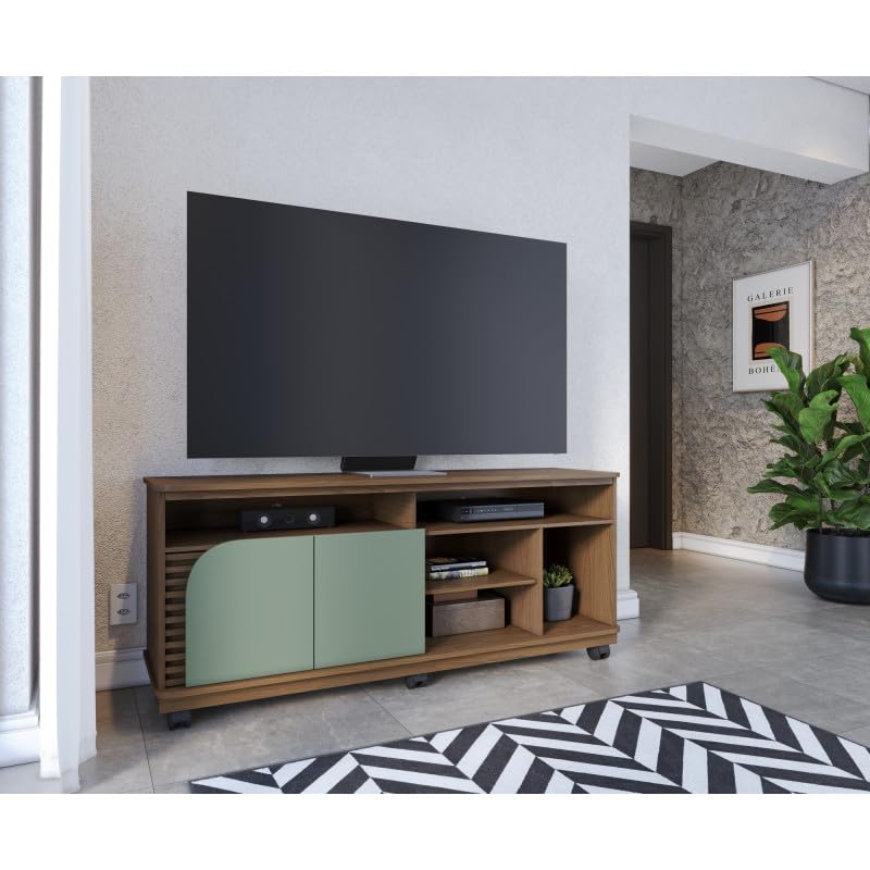 Meuble TV 65 Pouces Vert Olive et Chêne 2 Portes 7 Niches roulettes L 150 H 63.2 P 39.3 cm