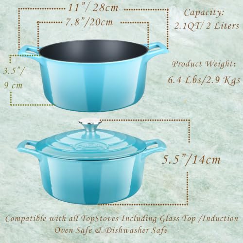 Image of La Cuisine Enameled Cast Iron Dutch Oven Casserole Pot with Lid Internal Matt Black Enamel Coating for baking bread 2.1 QT 7.8 inch /20cm O, GlassTop, Oven-Safe 550F /276C Teal