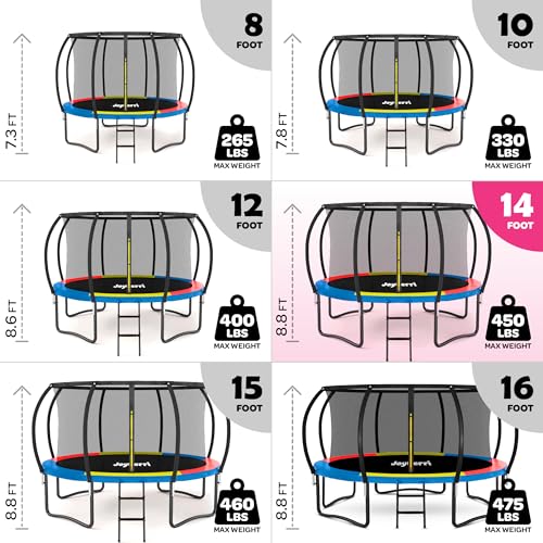 Image of JoyBerri Upsurge Trampoline Outdoor - ASTM Certified Safe 8Ft 10Ft 12Ft 14Ft 15Ft 16Ft Recreational Trampoline for Kids and Adults. Anti-Rust Coating with Enclosure Net, Ladder, Sprinkler & LED Lights