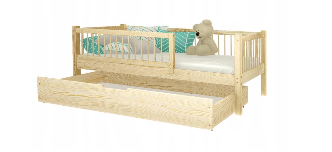 Cama Infantil con Barandilla y Cajón - Cama Infantil Individual con Espacio de Almacenamiento - Estructura de Madera Finamente Lijada - Color Natural - Sin Colchón - 80x160 cm