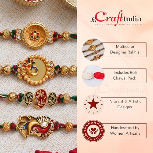 Image of eCraftIndia Set of 4 Red Golden White Pearls Rakhi for Brother Bhaiya Bhai | Roli Chawal Pack | Rakhi Combo